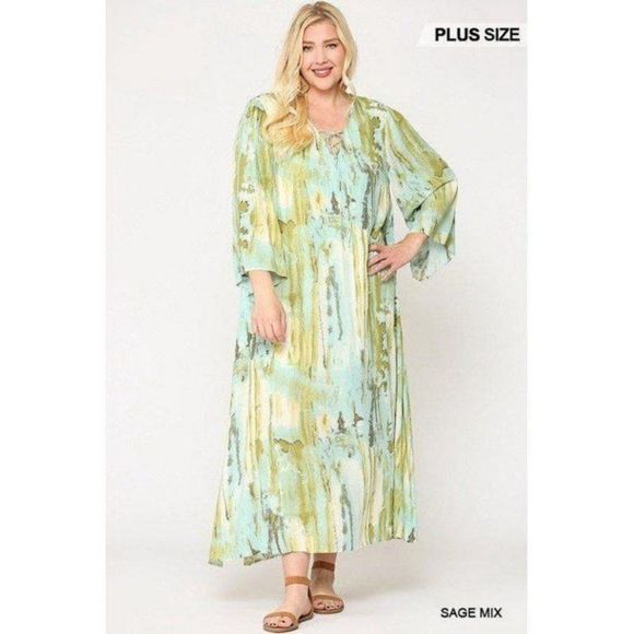 Sage Green Mix Print Tie Dye Multi Color Printed Maxi Dress With Lace Up - Picture 2 of 6